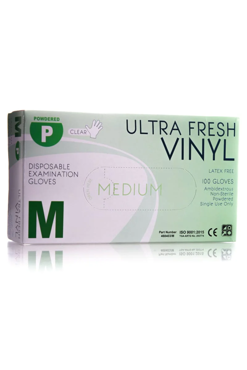 ULTRA FRESH VINYL POWDERED DISPOSABLE EXAMINATION GLOVES MEDIUM 100 GLOVES *CLEARANCE*